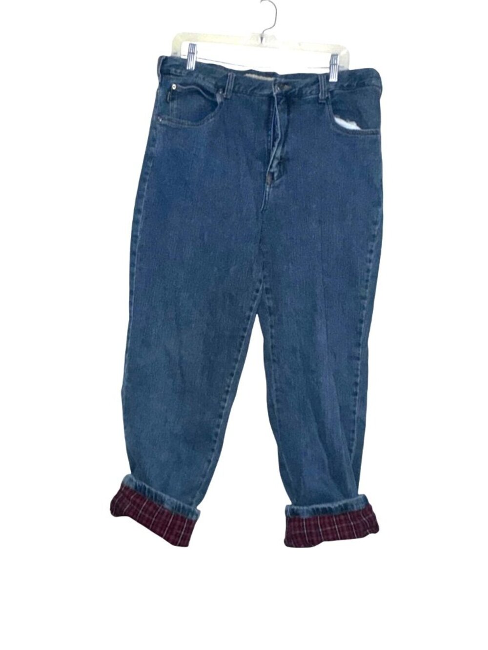 Cabelas Casuals Blue Denim Jeans Size 18  With Plaid Lining & Rolled Cuffs